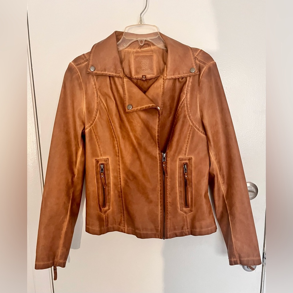 Faux brown leather women’s zip jacket